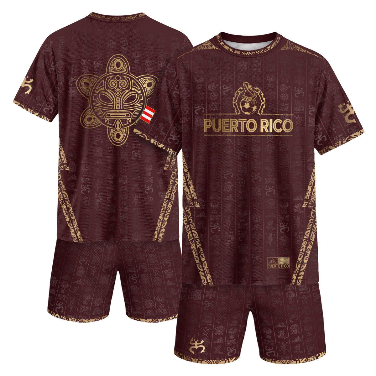 Taino Sun Maroon Gold Puerto Rico Soccer Jersey for Men and Women, National Heritage Symbols, Puerto Rico Jersey and Puerto Rico Shirt, Northryn Co.