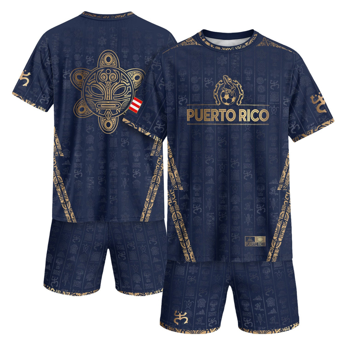Puerto Rico Soccer Jersey in Navy Gold for Men and Women, Taino Sun National Heritage Symbols, Puerto Rico Shirt and Puerto Rico Jersey, Northryn Co.