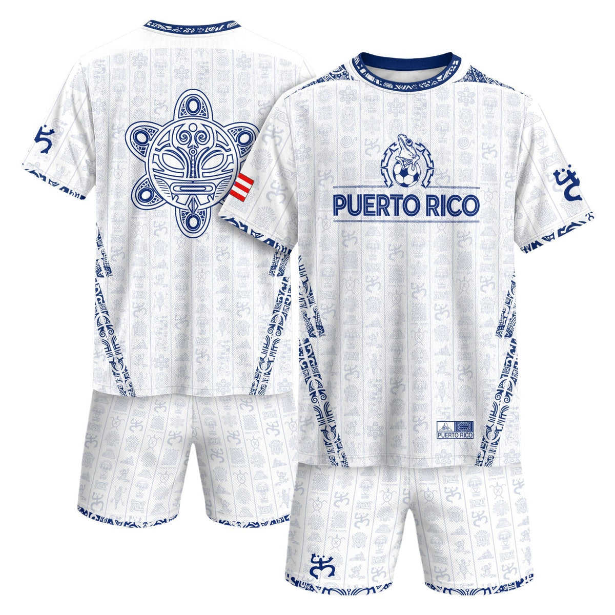 Puerto Rico Soccer Jersey in White Blue for Men and Women, Taino Sun National Heritage Symbols, Puerto Rico Jersey and Puerto Rico Shirt, Northryn Co.
