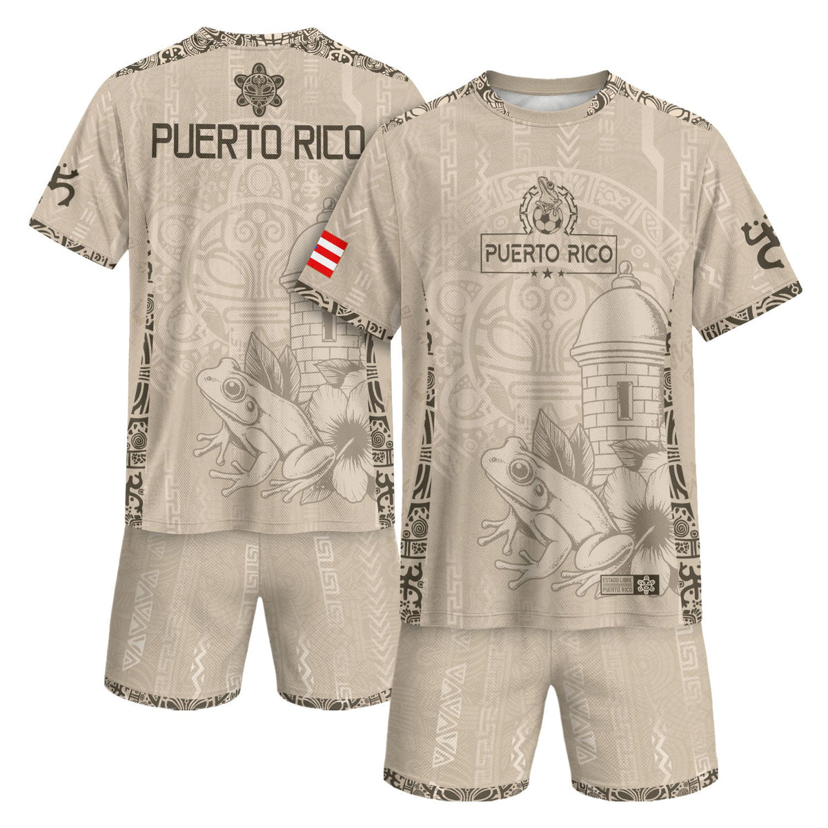 Puerto Rico Soccer Jersey for Men and Women, Beige Gold Coqui Frog Floral Garita Taino Sun, Top Puerto Rico Jersey and Puerto Rico Shirt, Northryn Co.