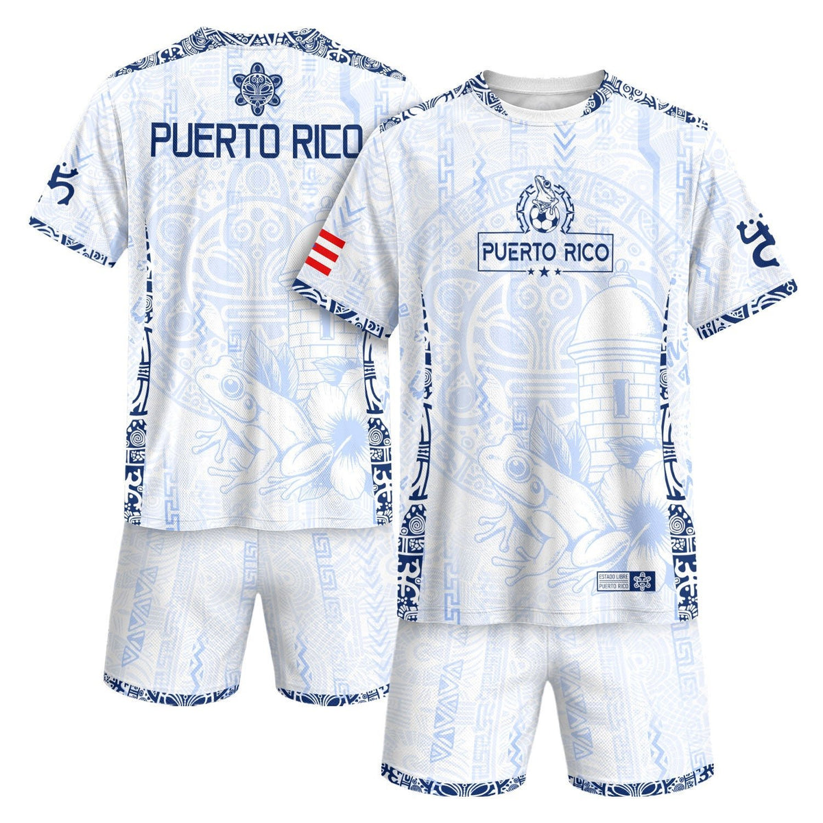 Coqui Frog White Blue Puerto Rico Soccer Jersey for Men and Women, Garita Floral Taino Sun, Top Puerto Rico Jersey and Puerto Rico Shirt, Northryn Co.