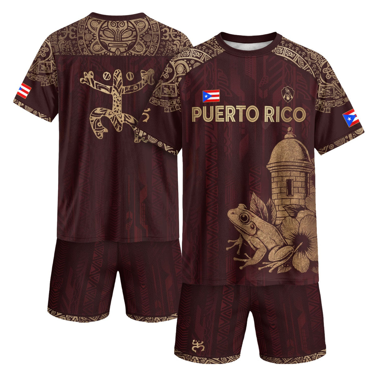 Puerto Rico Soccer Jersey in Maroon Gold for Men and Women, Coqui Frog Garita Floral Taino Sun, Puerto Rico Shirt and Puerto Rico Jersey, Northryn Co.