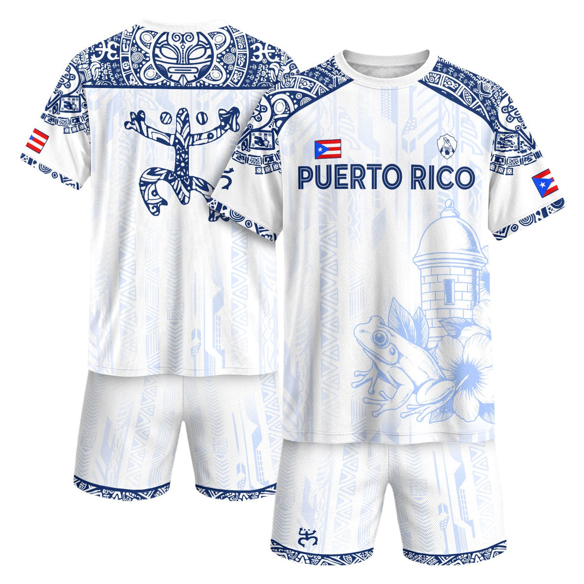 Puerto Rico Soccer Jersey in White Blue for Men and Women, Coqui Frog Floral Garita Taino Sun, Puerto Rico Shirt and Puerto Rico Jersey, Northryn Co.