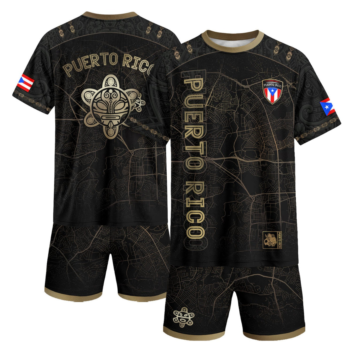 Puerto Rico Soccer Jersey in Black Gold for Men and Women, Street Map Taino Sun National Heritage, Puerto Rico Shirt, Puerto Rico Jersey, Northryn Co.