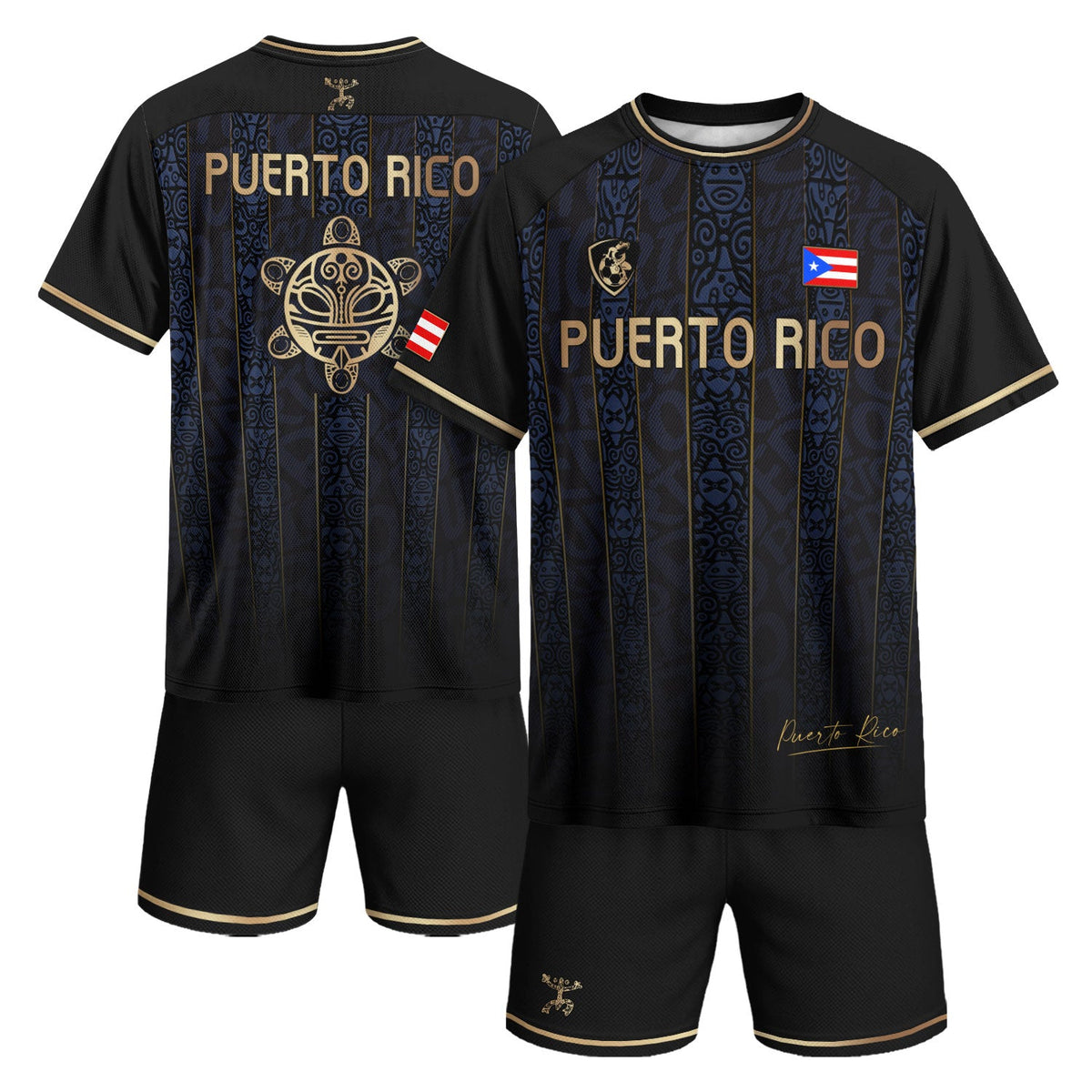 Puerto Rico Soccer Jersey in Navy Taino for Men and Women, Heritage Gold Coqui Print Boricua, Puerto Rico Shirt and Puerto Rico Jersey, Northryn Co.