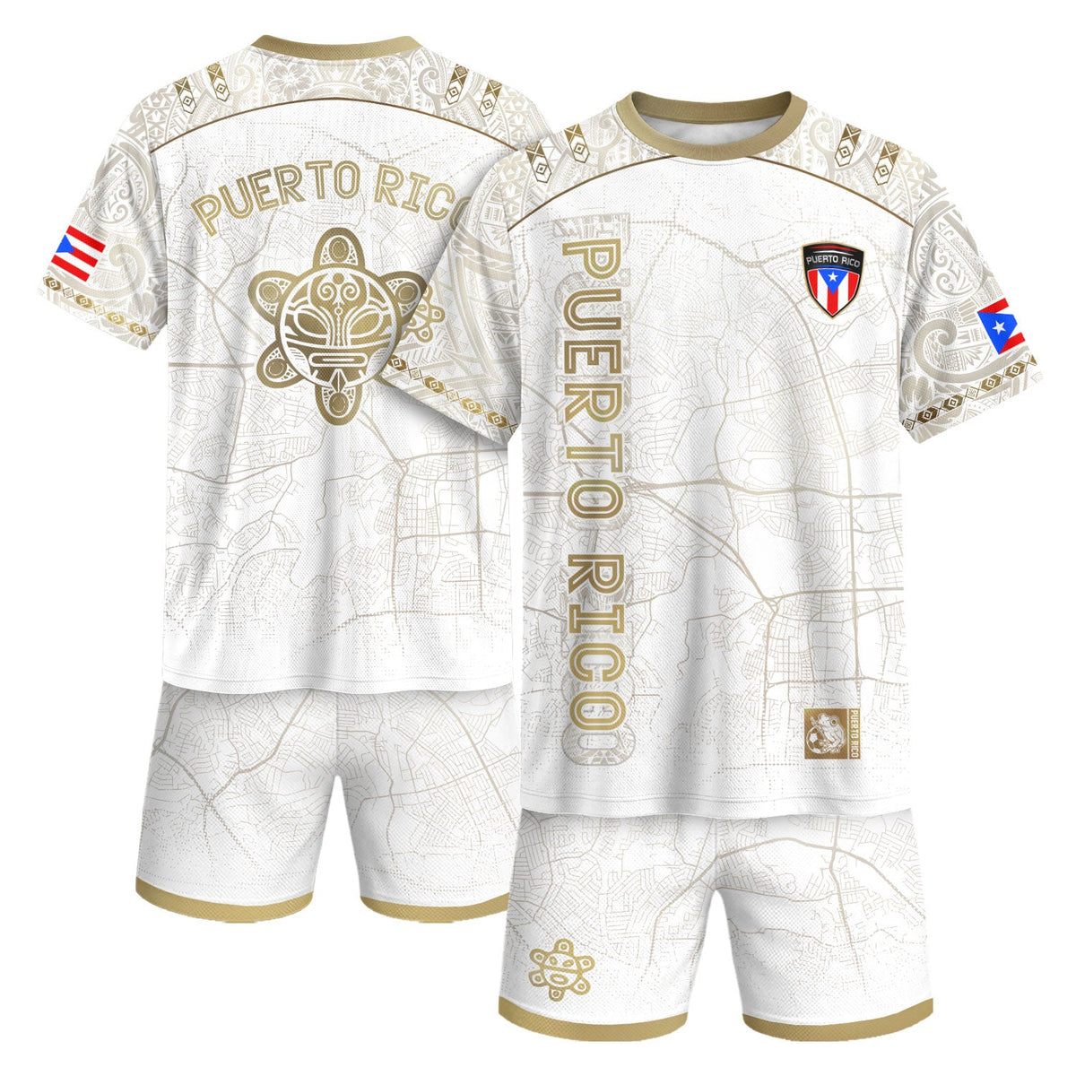 Taino Sun White Gold Puerto Rico Soccer Jersey for Men and Women, Street Map National Heritage, Puerto Rico Jersey and Puerto Rico Shirt, Northryn Co.