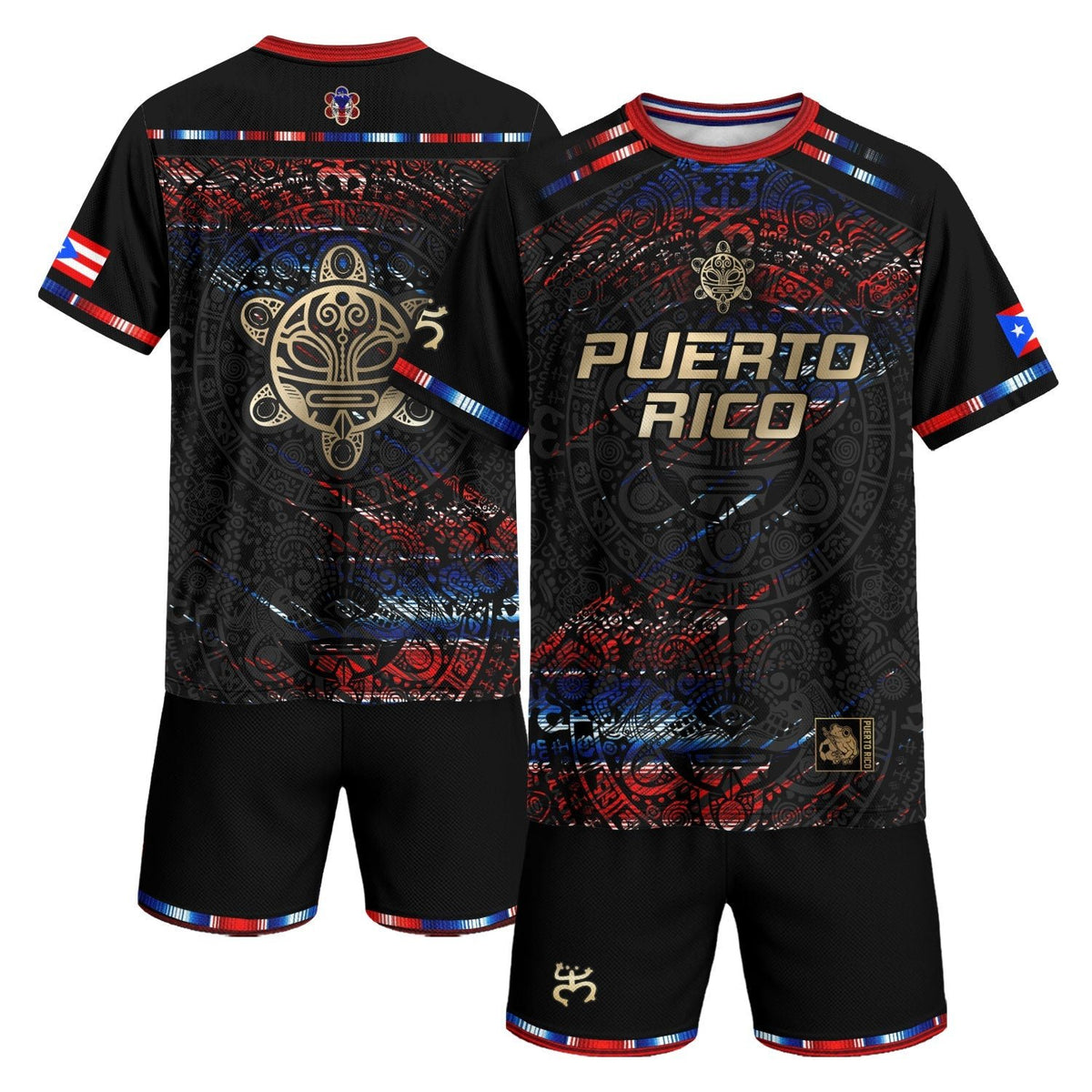 Taino Sun Black Red Puerto Rico Soccer Jersey for Men and Women, Blue Abstract National Sport, Puerto Rico Jersey and Puerto Rico Shirt, Northryn Co.