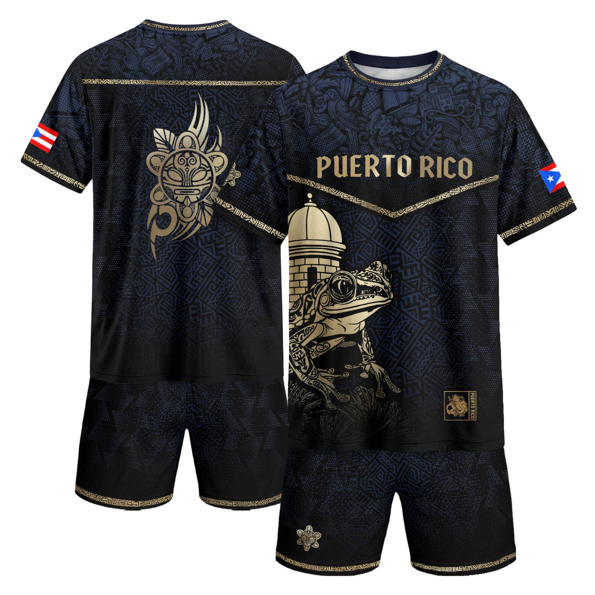 Puerto Rico Soccer Jersey in Navy Gold for Men and Women, Coqui Frog Garita Taino Sun National, Puerto Rico Shirt and Puerto Rico Jersey, Northryn Co.