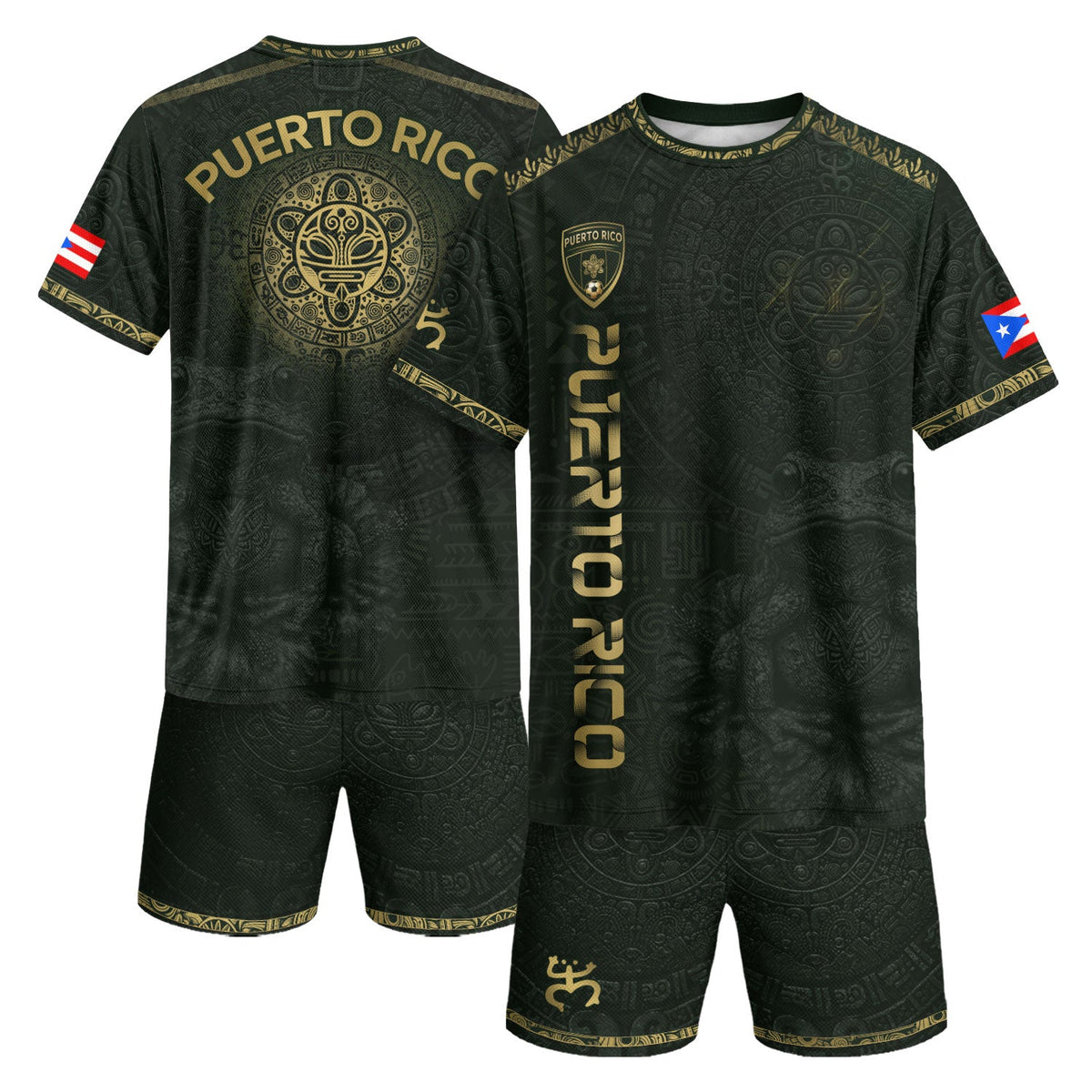 Puerto Rico Soccer Jersey in Green Gold for Men and Women, Coqui Frog Taino Sun Heritage, Top Puerto Rico Shirt and Puerto Rico Jersey, Northryn Co.