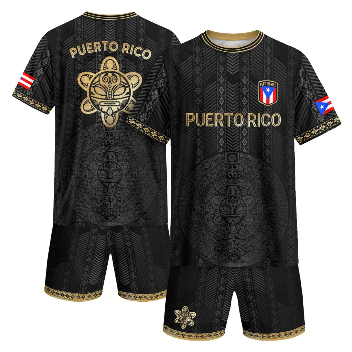 Puerto Rico Soccer Jersey in Flag Boricua Taino Tribal Patterns Gold for Men and Women, Black, Puerto Rico Shirt and Puerto Rico Jersey, Northryn Co.