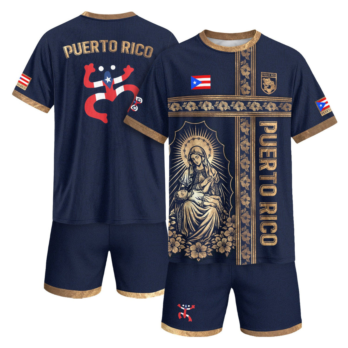 Puerto Rico Soccer Jersey in Flag Virgin Mary Blessed Mother Navy for Men and Women, Gold, Top Puerto Rico Shirt and Puerto Rico Jersey, Northryn Co.