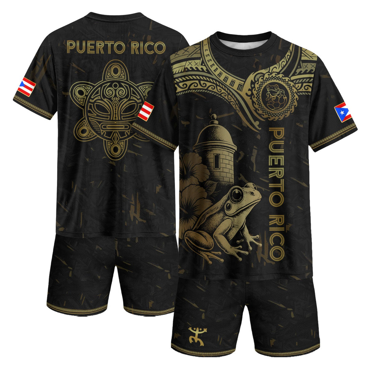 Puerto Rico Soccer Jersey in Coqui Frog El Morro Taino Tribal Black for Men and Women, Gold Pride, Puerto Rico Jersey, Puerto Rico Shirt, Northryn Co.