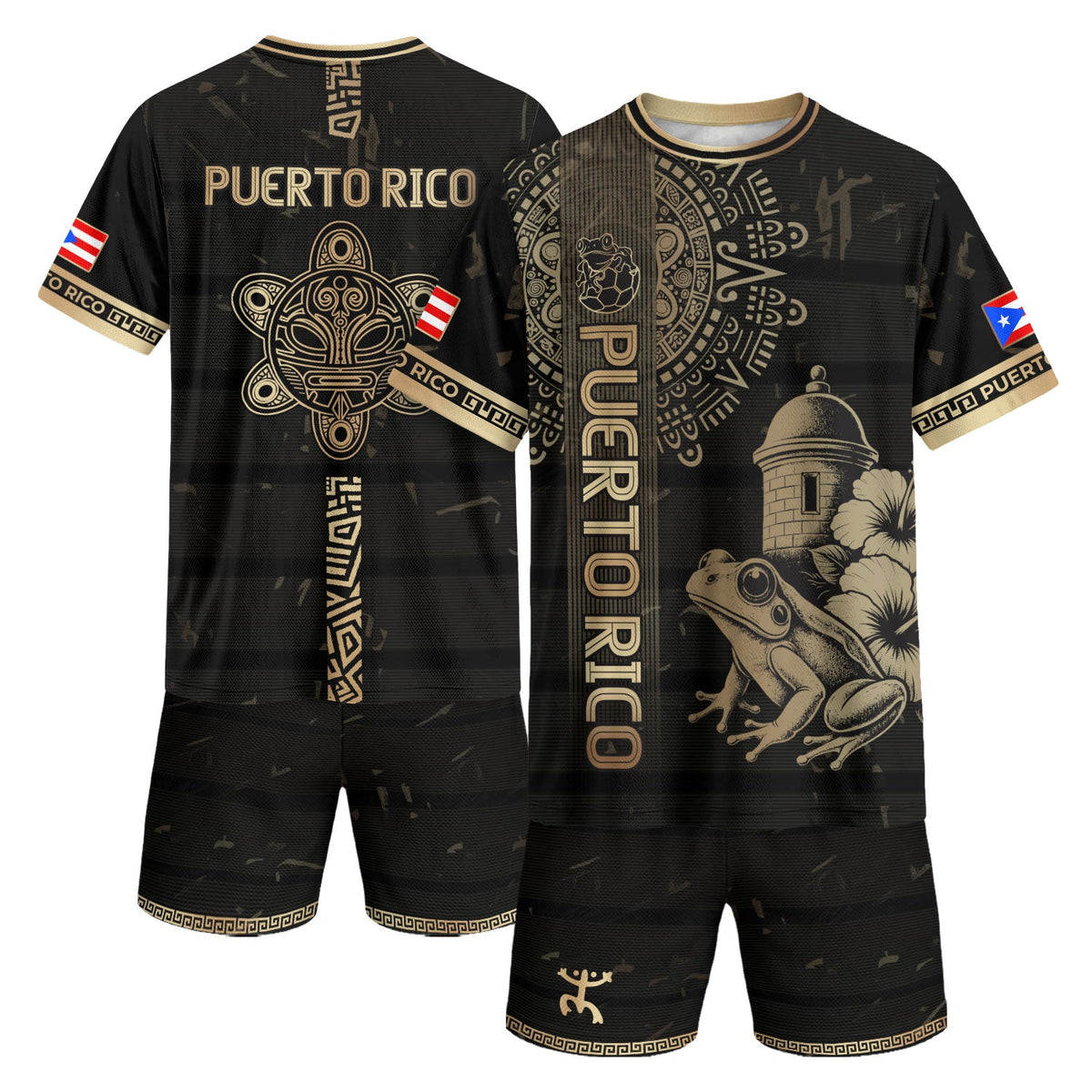 Coqui Frog Black Gold Puerto Rico Soccer Jersey for Men and Women, El Morro Taino National, Top Puerto Rico Shirt and Puerto Rico Jersey, Northryn Co.