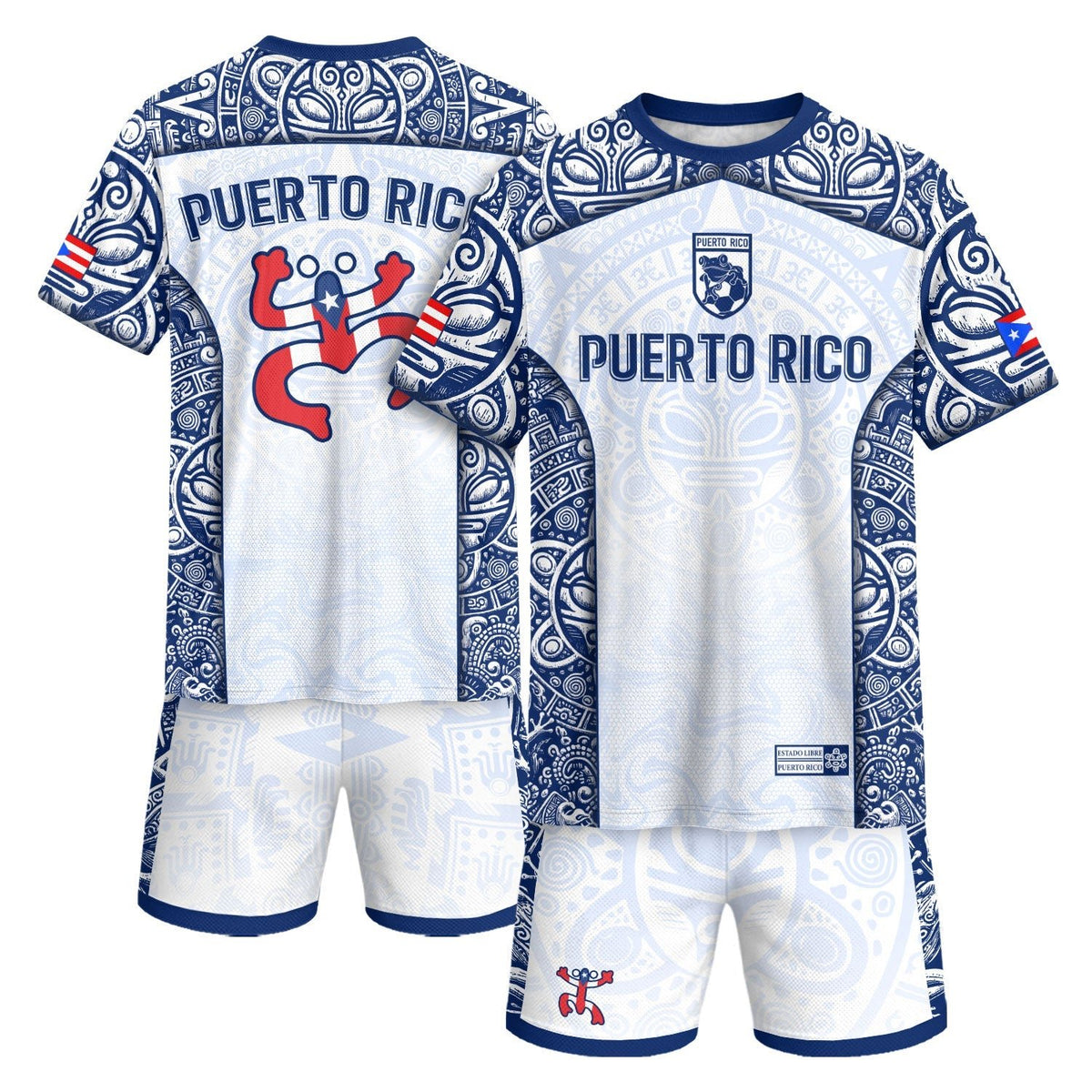 Puerto Rico Soccer Jersey in Coqui Frog Taino Tribal White for Men and Women, Royal Blue National, Puerto Rico Shirt, Puerto Rico Jersey, Northryn Co.
