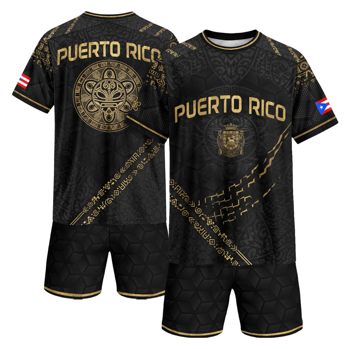 Puerto Rico Soccer Jersey in Elite Black for Men and Women, Gold Taino Sun & Shield Heritage, Puerto Rico Jersey and Puerto Rico Shirt, Northryn Co.