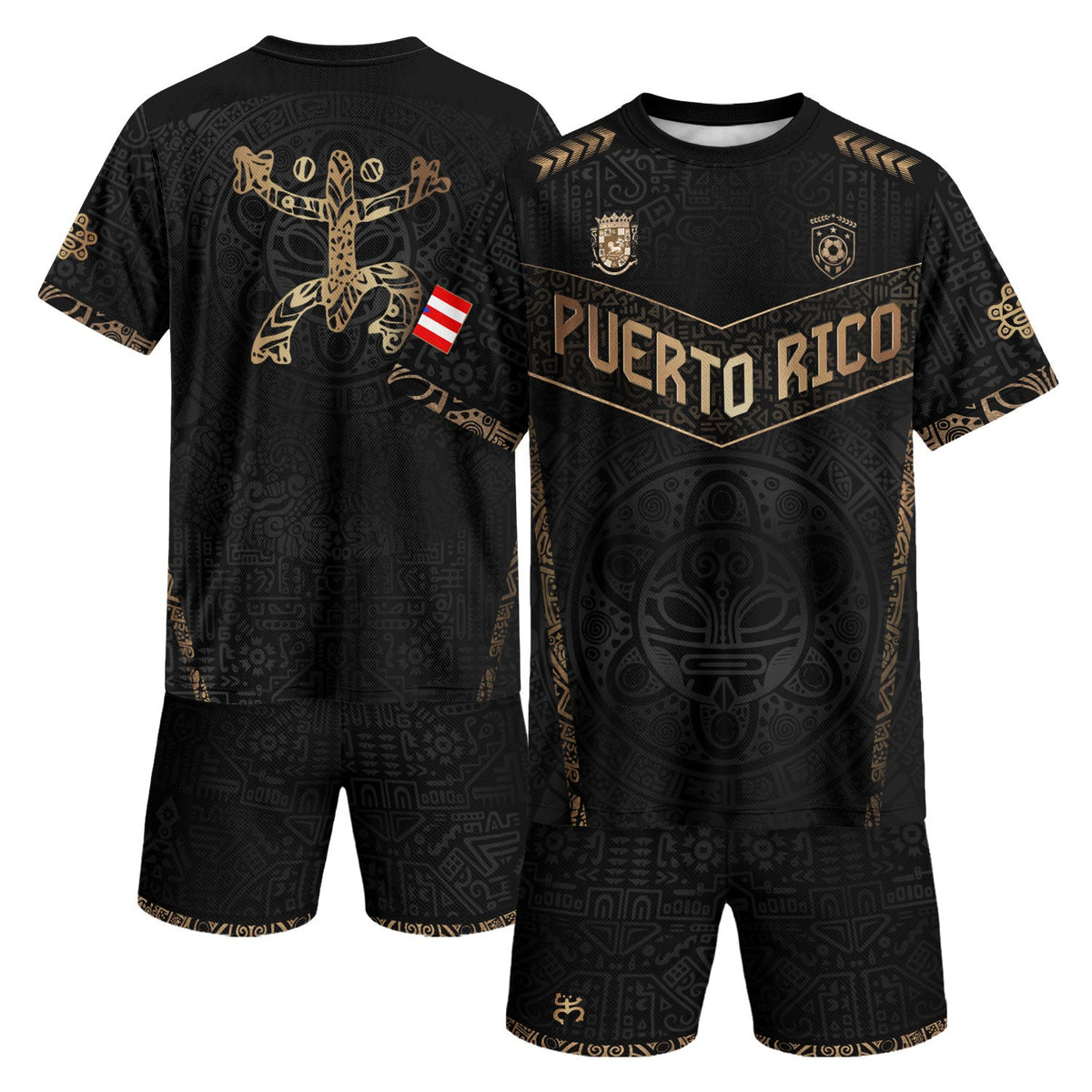 Puerto Rico Soccer Jersey in Black Gold for Men and Women, - Coquí Frog & Taino Sun - V-Shape, Puerto Rico Shirt and Puerto Rico Jersey, Northryn Co.