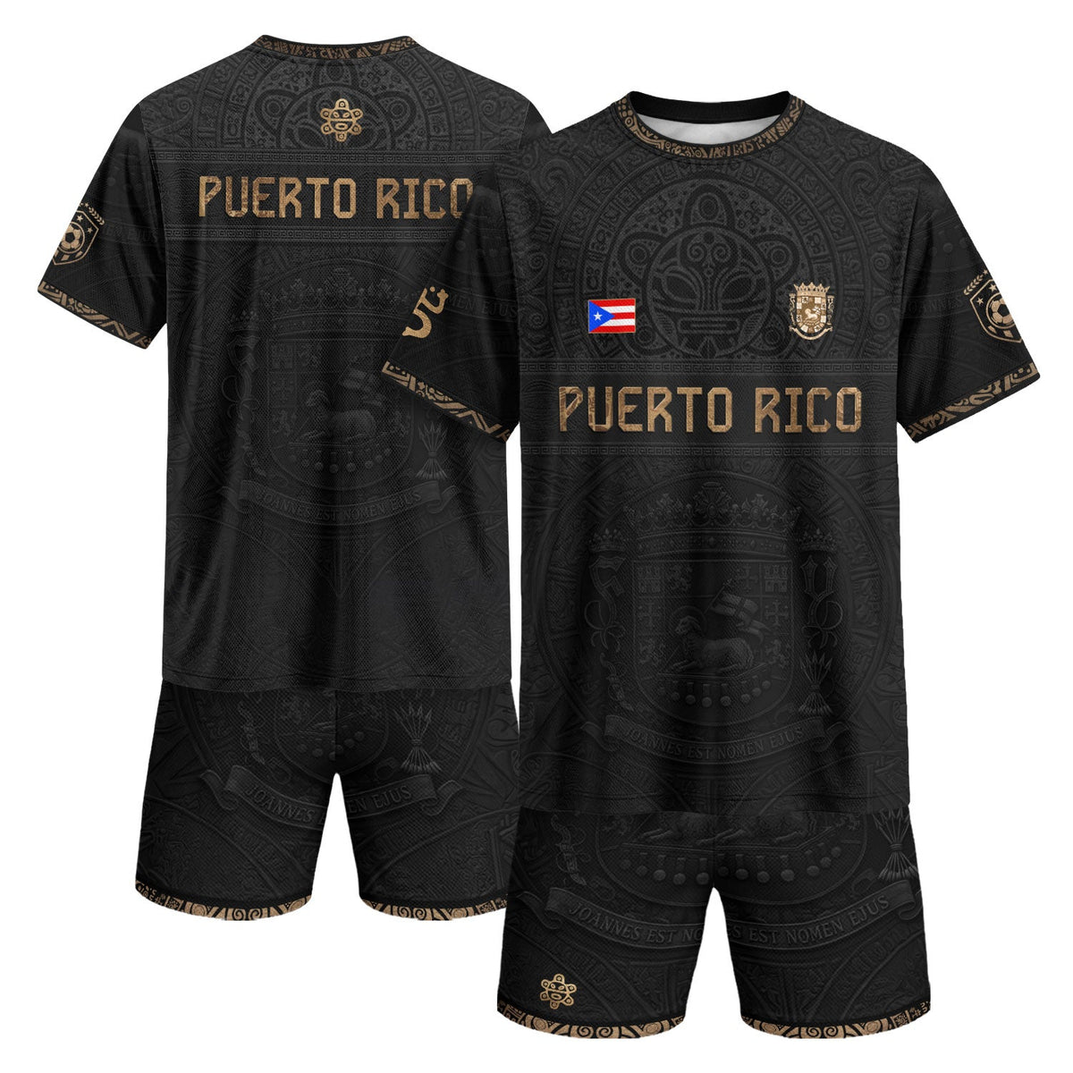 Puerto Rico Soccer Jersey in Black Gold for Men and Women, Taino Sun & Coat of Arms, Bold Puerto Rico Shirt for Puerto Rico Jersey Looks, Northryn Co.
