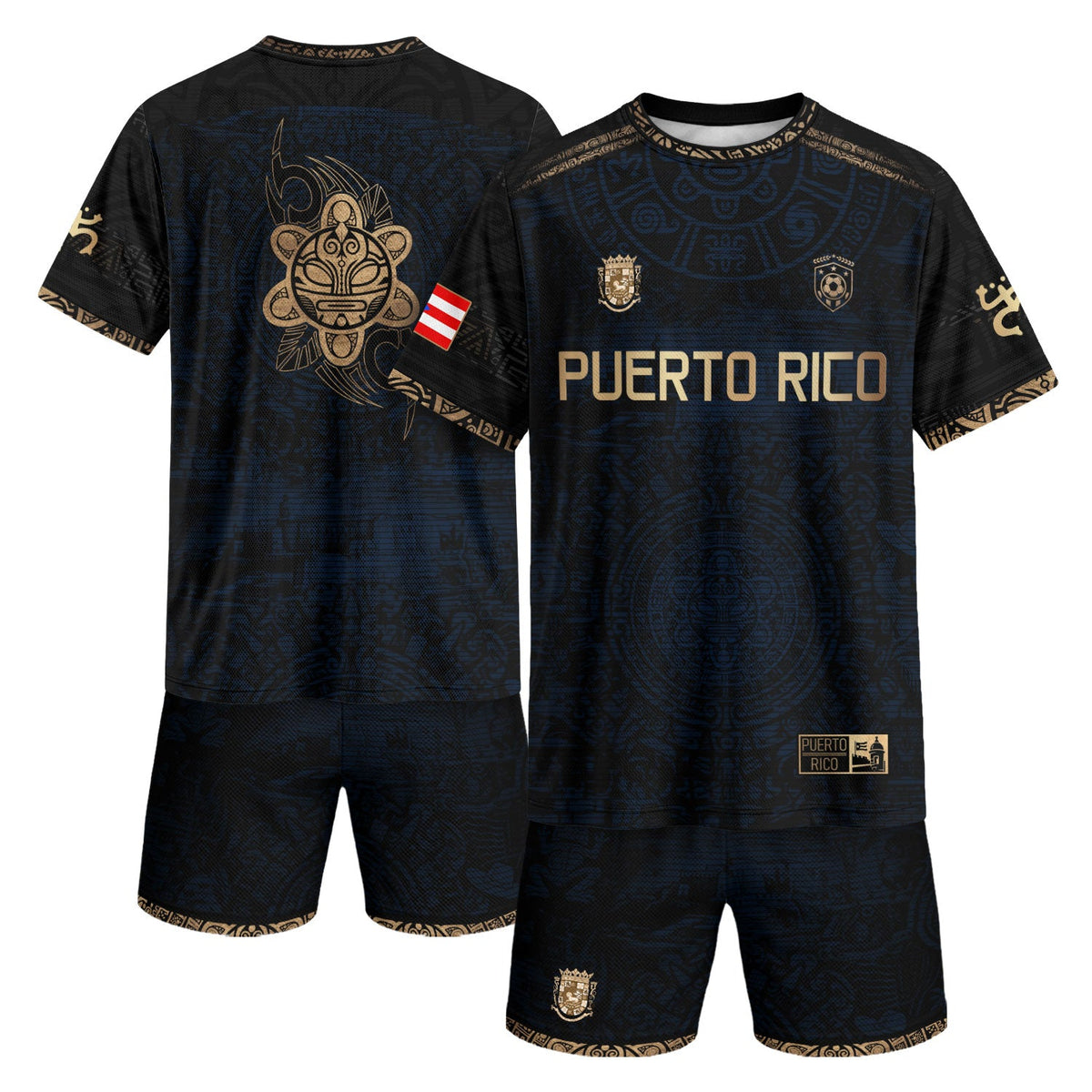 Taino Sun Navy Gold Puerto Rico Soccer Jersey for Men and Women, - Calendar Design - Boricua, Puerto Rico Shirt and Puerto Rico Jersey, Northryn Co.