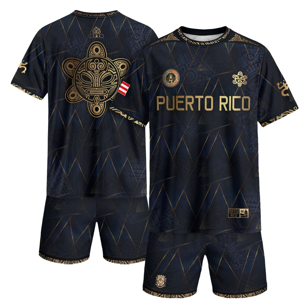 Puerto Rico Soccer Jersey in Navy Gold for Men and Women, - Geometric Taino Sun Design - Boricua, Puerto Rico Jersey, Puerto Rico Shirt, Northryn Co.