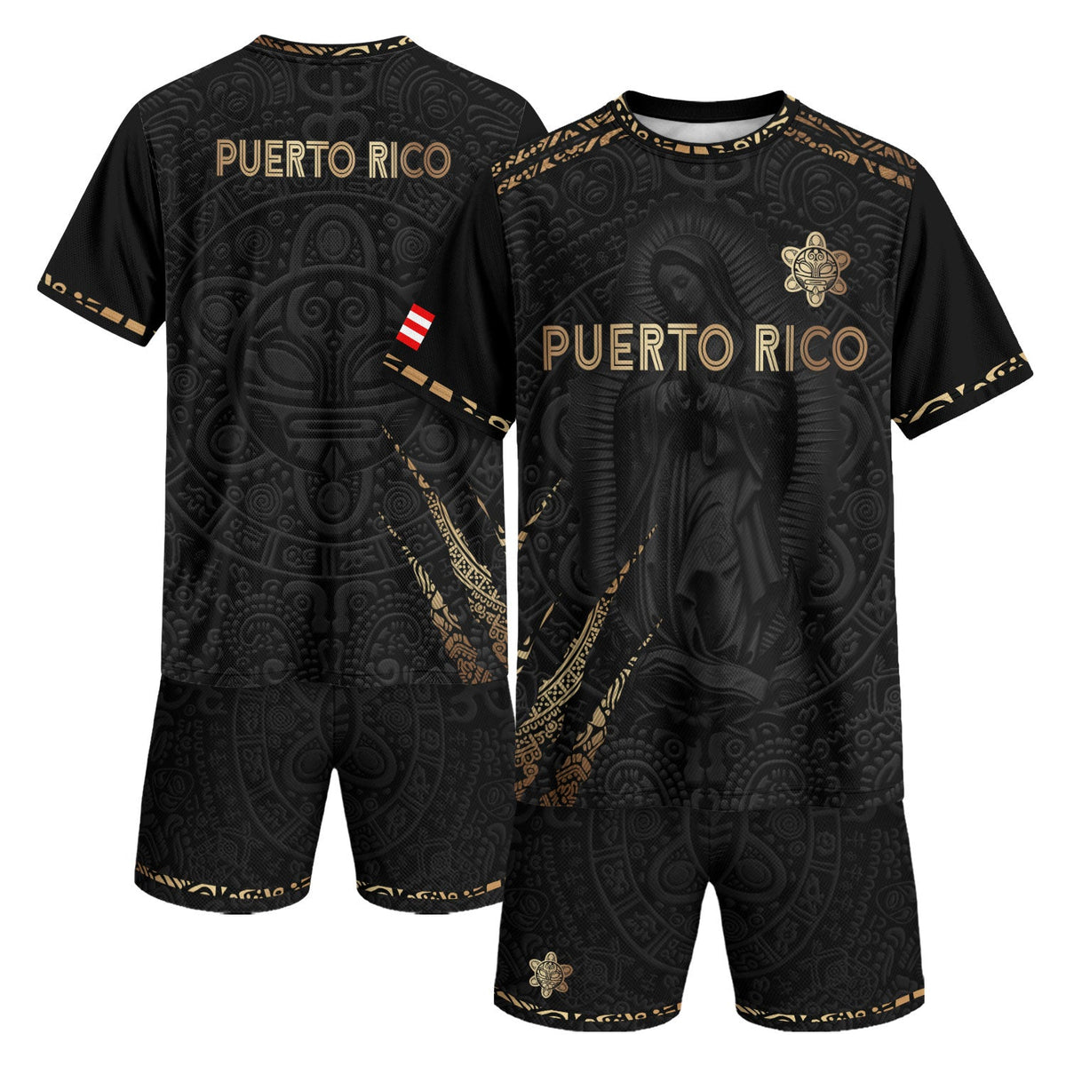 Puerto Rico Soccer Jersey with Virgin Mary for Men and Women, Guadalupe Taino Pattern Black Gold, Puerto Rico Shirt, Puerto Rico Jersey, Northryn Co.