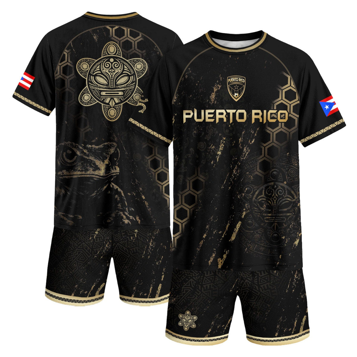 Coqui Frog Black Gold Puerto Rico Soccer Jersey for Men and Women, Heritage Graphic Taino Mask, Puerto Rico Jersey and Puerto Rico Shirt, Northryn Co.