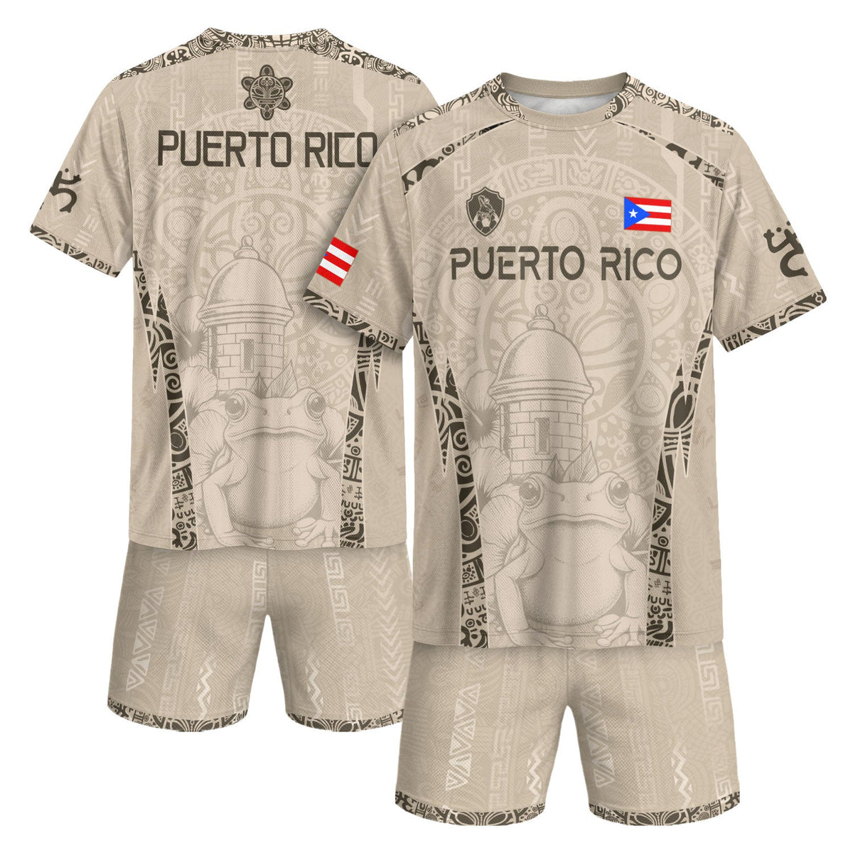 Puerto Rico Soccer Jersey in Orgullo Beige for Men and Women, Coqui Frog El Morro Fortress, Top Puerto Rico Jersey and Puerto Rico Shirt, Northryn Co.