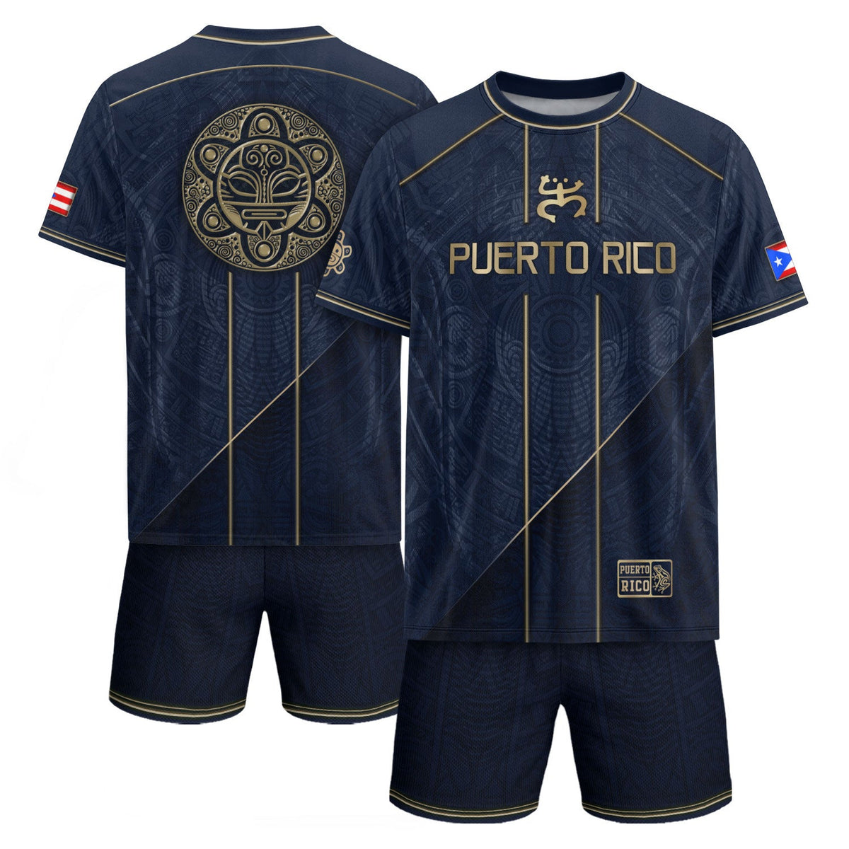 Puerto Rico Soccer Jersey in Elite Navy for Men and Women, Gold Taino Pattern Boricua Pride Top, Puerto Rico Jersey, Puerto Rico Shirt, Northryn Co.