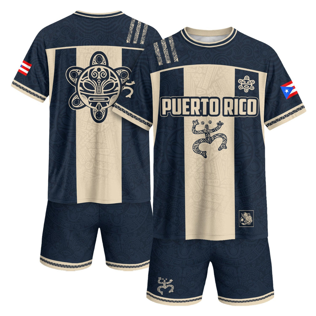 Taino Coqui Navy Beige Puerto Rico Soccer Jersey for Men and Women, Flag PR Heritage Art, Top Puerto Rico Shirt and Puerto Rico Jersey, Northryn Co.