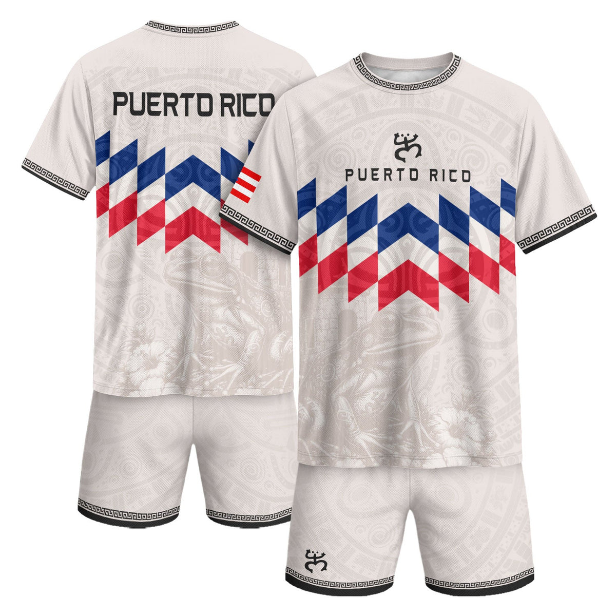 Geometric Coqui Beige Red Puerto Rico Soccer Jersey for Men and Women, Blue Tribal Pride Apparel, Puerto Rico Jersey, Puerto Rico Shirt, Northryn Co.