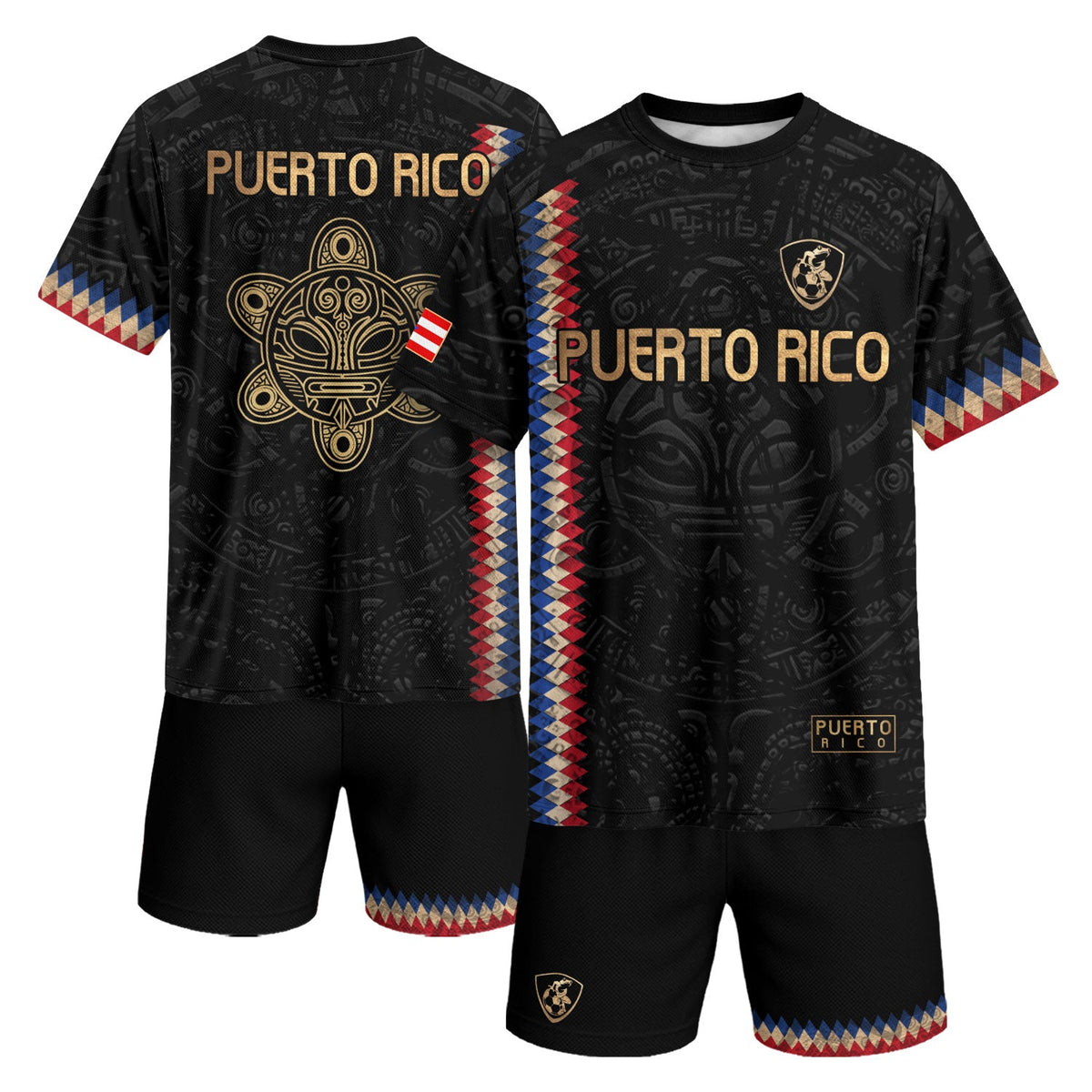Puerto Rico Soccer Jersey with Taino Turtle for Men and Women, Black Gold Chevron Pride, Top Puerto Rico Shirt and Puerto Rico Jersey, Northryn Co.