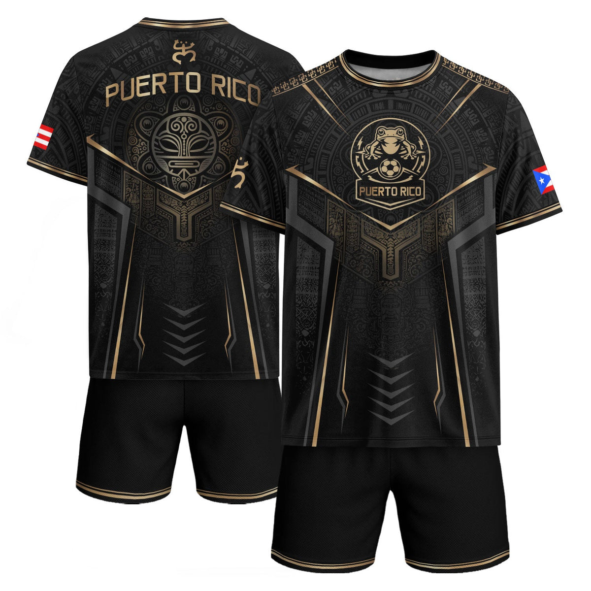 Taino Sun Black Gold Puerto Rico Soccer Jersey for Men and Women, Coquí Frog Crest - Tribal, Puerto Rico Shirt and Puerto Rico Jersey, Northryn Co.