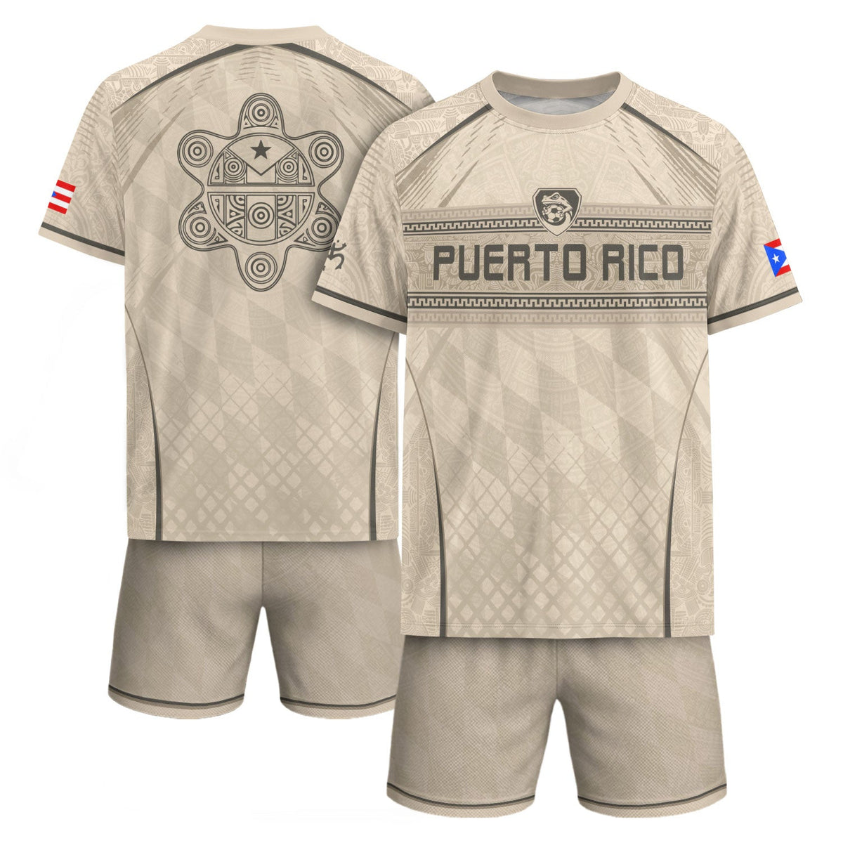 Puerto Rico Soccer Jersey for Men and Women, Beige Coqui Frog & Taino Tribal Pattern Art, Top Puerto Rico Jersey and Puerto Rico Shirt, Northryn Co.