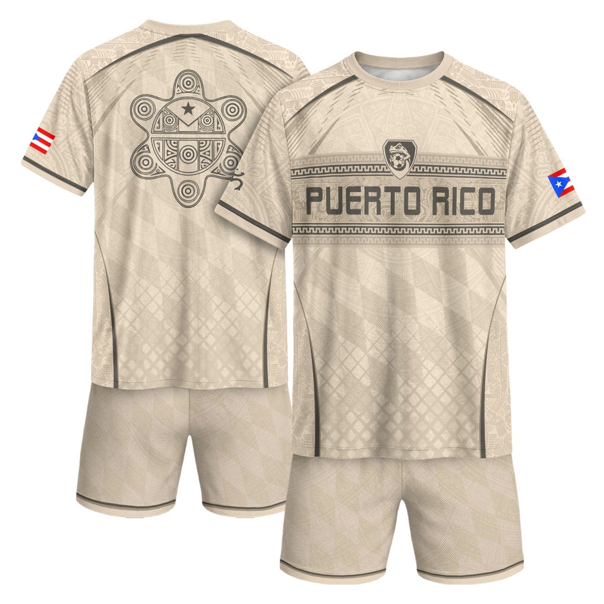 Puerto Rico Soccer Jersey for Men and Women, Beige Coqui Frog & Taino Tribal Pattern Art, Top Puerto Rico Jersey and Puerto Rico Shirt, Northryn Co.