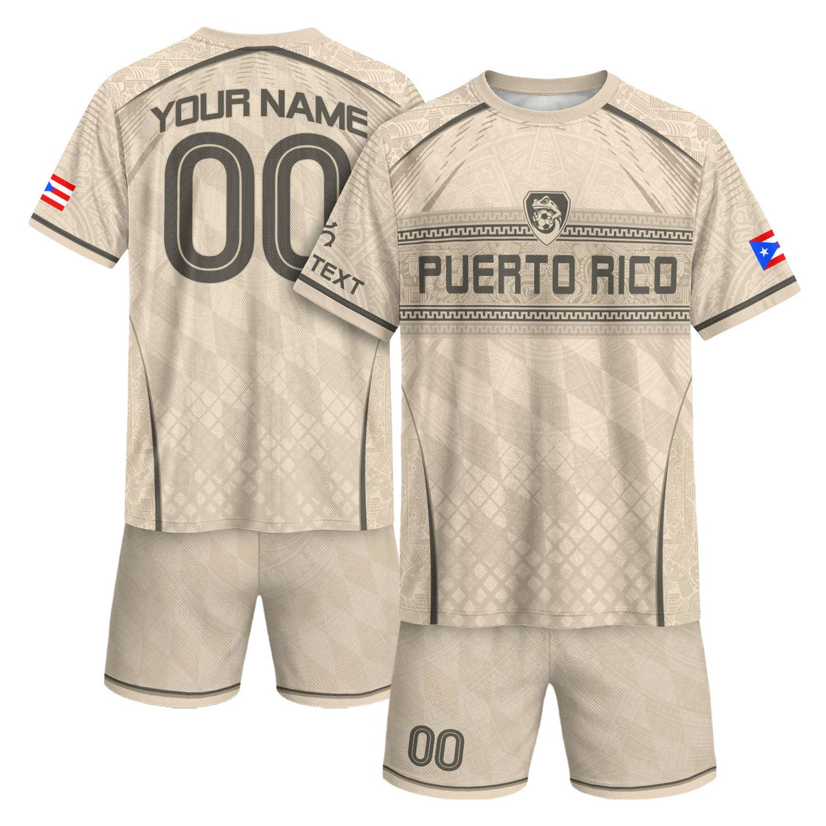 Custom Puerto Rico Soccer Jersey, Beige Charcoal Taino Pattern, Puerto Rico Shirt for Men and Women as a Personalized Football Jersey, Northryn Co.