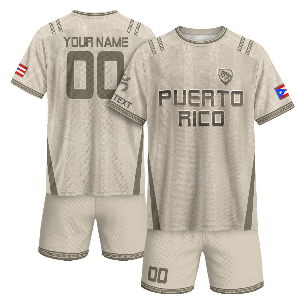 Custom Puerto Rico Soccer Jersey, Beige Grey Taino Tribal Print, Puerto Rico Shirt for Men and Women as a Personalized Football Jersey, Northryn Co.