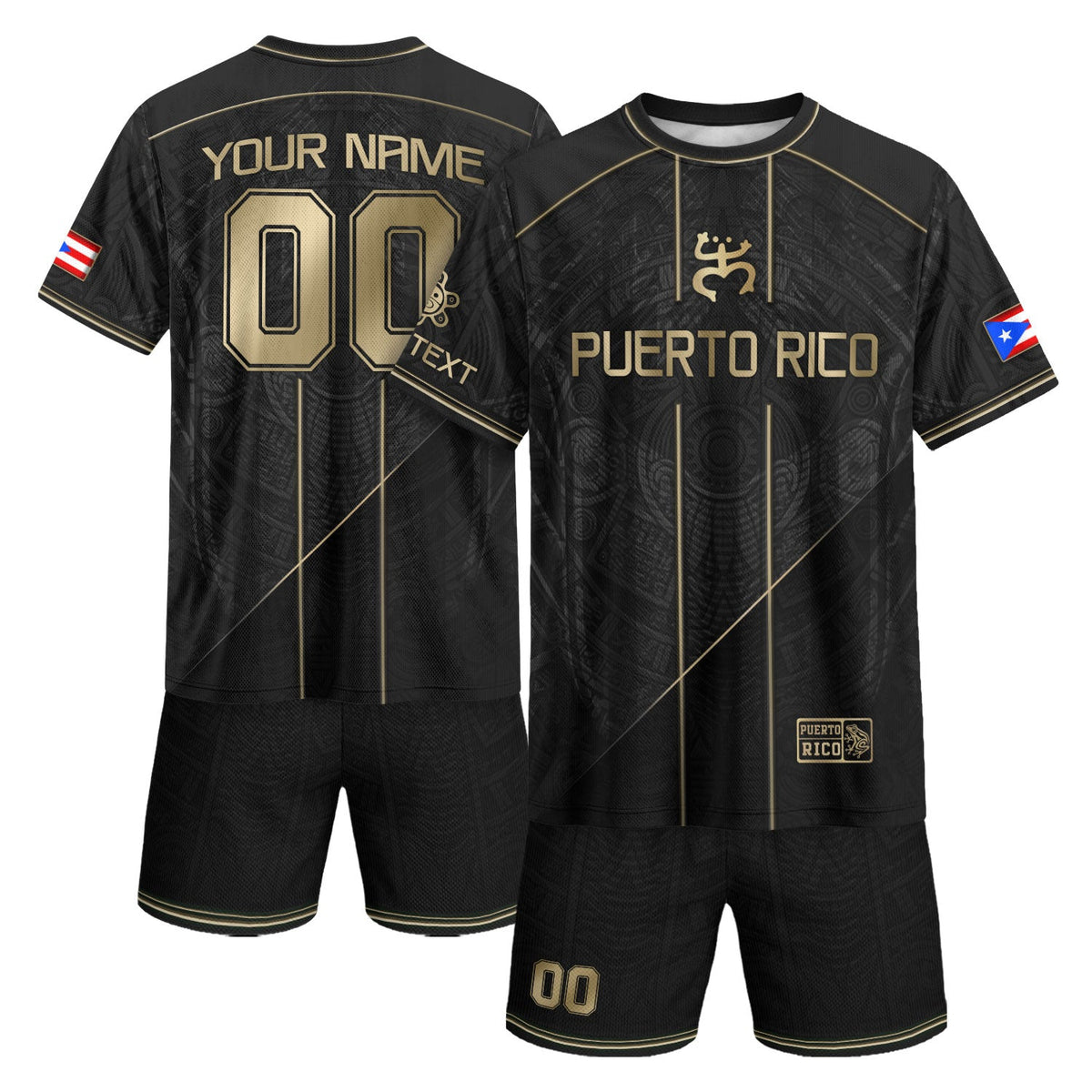 Mysterious Black-Gold Taino Symbol, Custom Puerto Rico Soccer Jersey for Men and Women, Personalized Football Jersey, Puerto Rico Shirt, Northryn Co.
