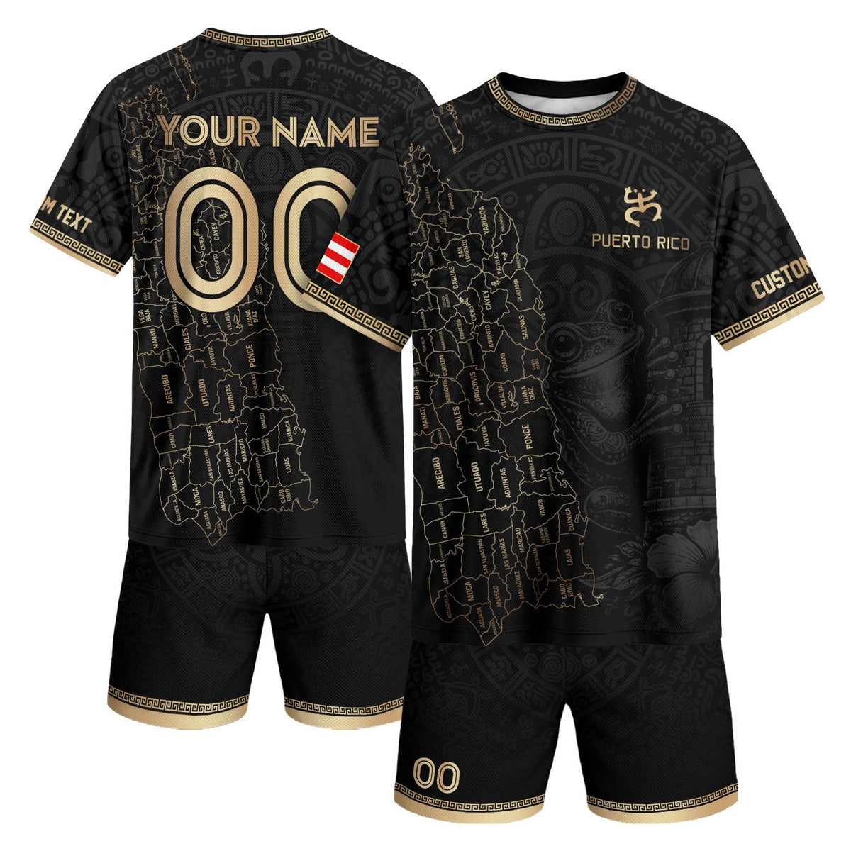 Custom Puerto Rico Soccer Jersey, Black Gold Towns Map Coqui Frog, Puerto Rico Shirt for Men and Women as a Personalized Football Jersey, Northryn Co.