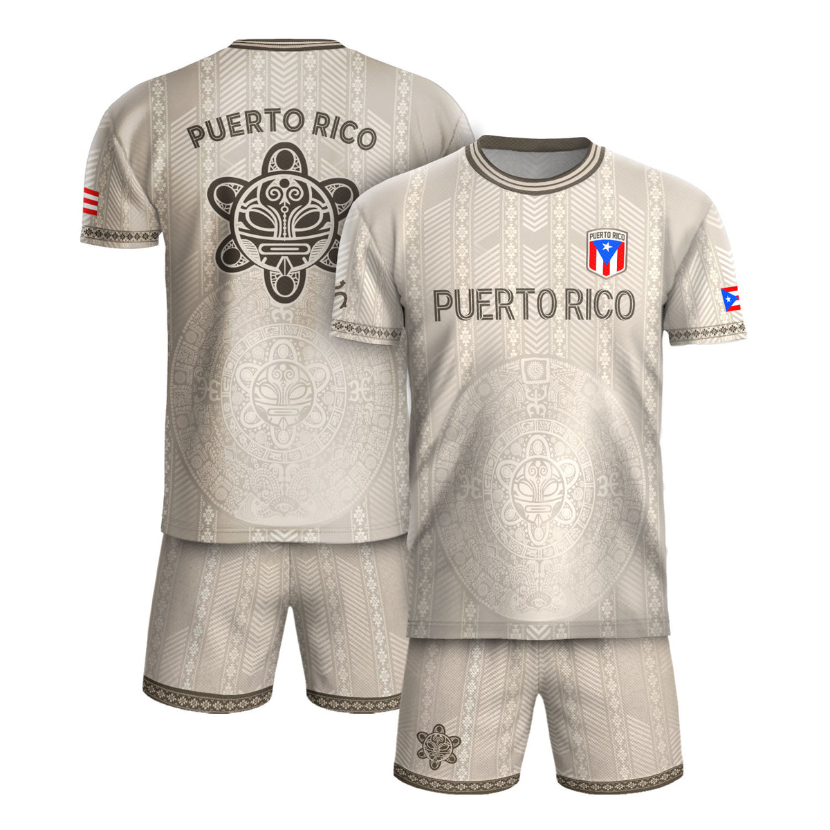 Taino Sun Crest Puerto Rico Soccer Jersey Men Beige Light Gray Heritage Graphic
