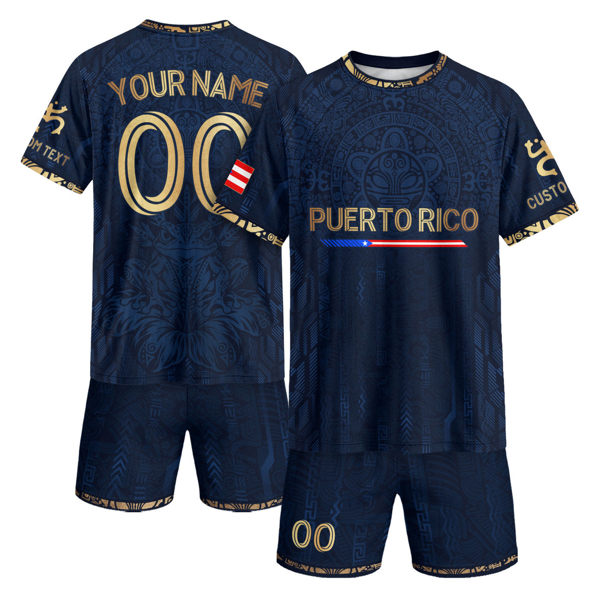 Custom Puerto Rico Soccer Jersey with Taino Sun for Men and Women, Navy Gold Boricua Flag Apparel, Top Puerto Rico Shirt and Puerto Rico Jersey, Northryn Co.