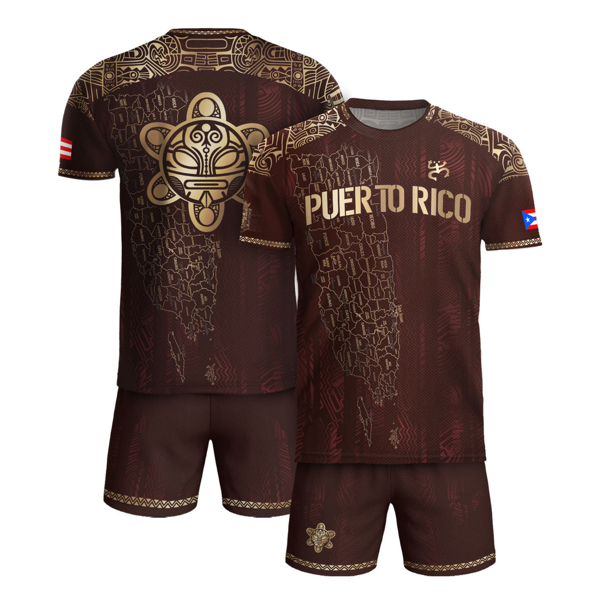 Puerto Rico Map Graphic Soccer Jersey Men Maroon Gold Boricua Taino Heritage Shirt
