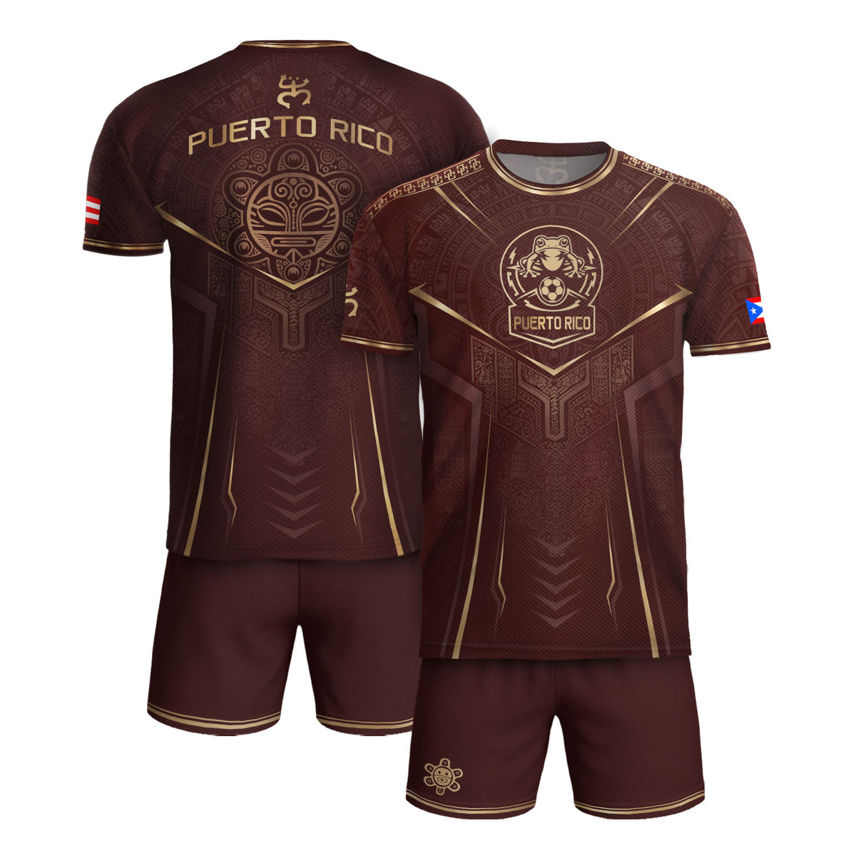 Puerto Rico Soccer Jersey Men Maroon Brown Taino Pattern Coqui Frog Heritage Graphic