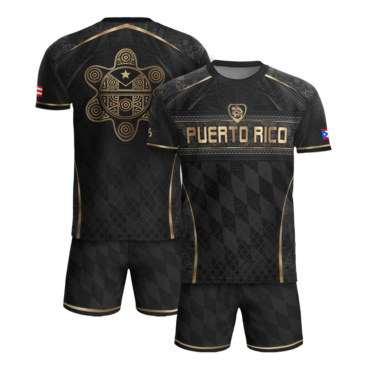 Puerto Rico Soccer Jersey Men Black Gold Taino Coqui Frog Culture Heritage Graphic