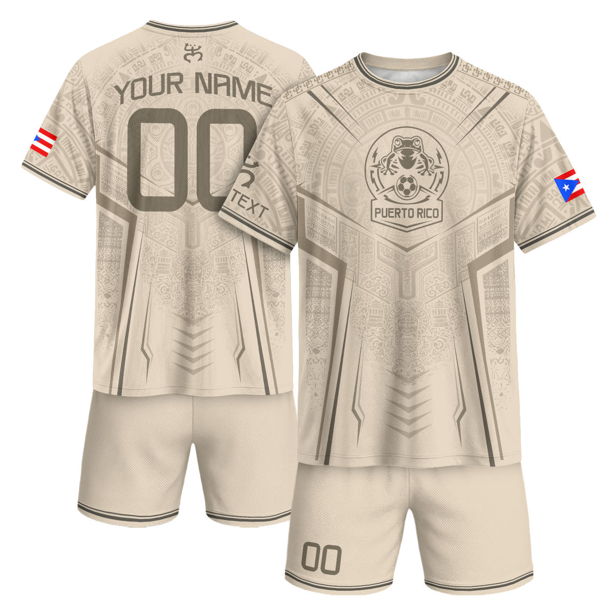 Custom Puerto Rico Soccer Jersey in Beige Taino for Men and Women, Coqui Frog Heritage Patriotic Graphic, Puerto Rico Shirt, Puerto Rico Jersey, Northryn Co.