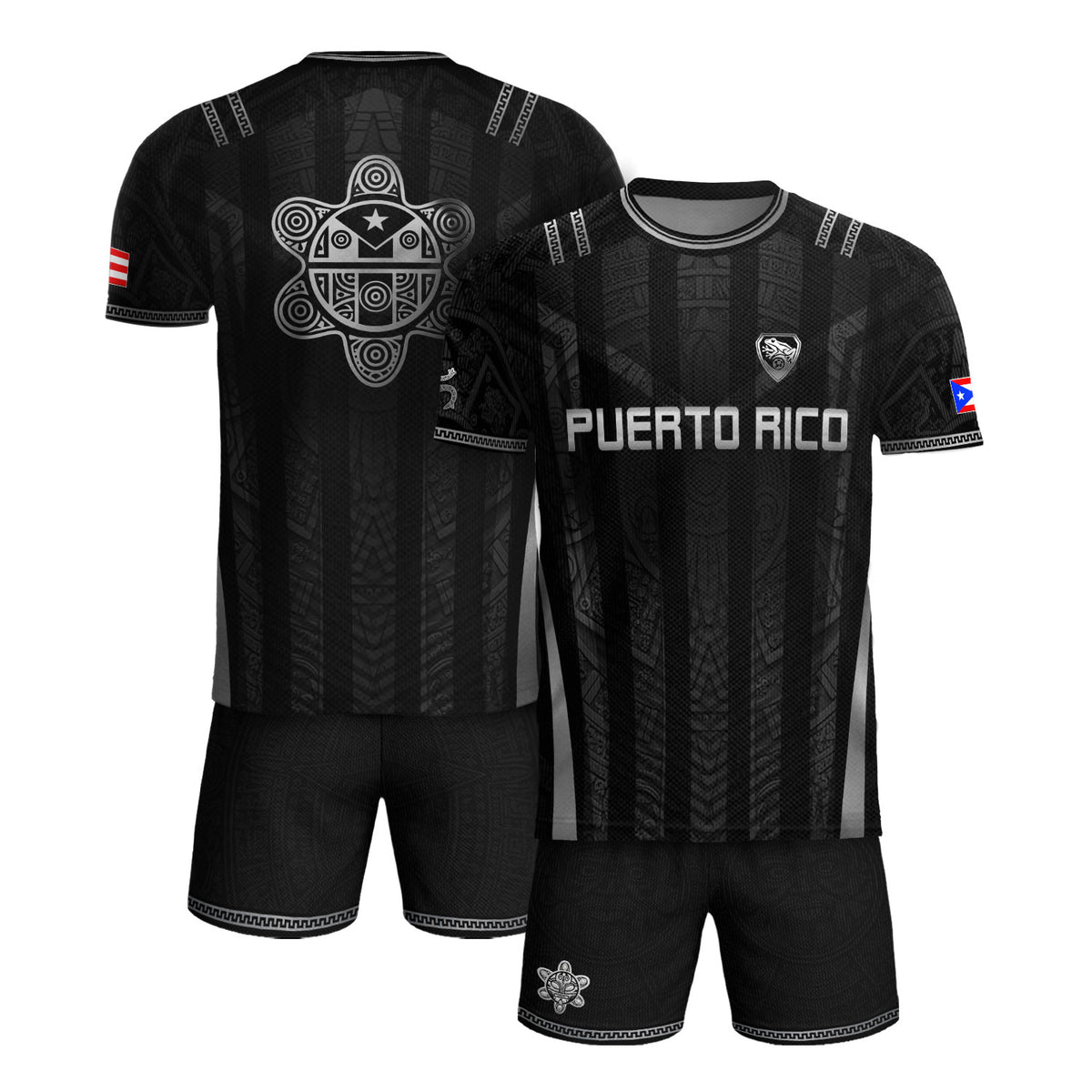 Puerto Rico Soccer Jersey Men Black Tribal Taino Pattern Coqui Frog Graphic