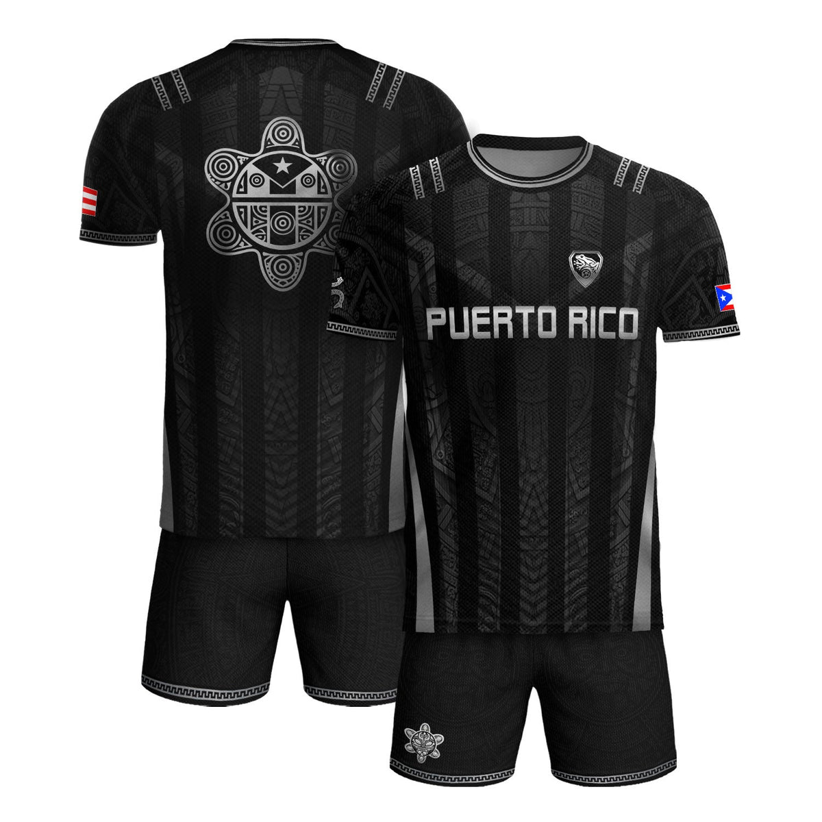 Puerto Rico Soccer Jersey in Black Tribal for Men and Women, Taino Pattern Coqui Frog Graphic, Puerto Rico Shirt and Puerto Rico Jersey, Northryn Co.