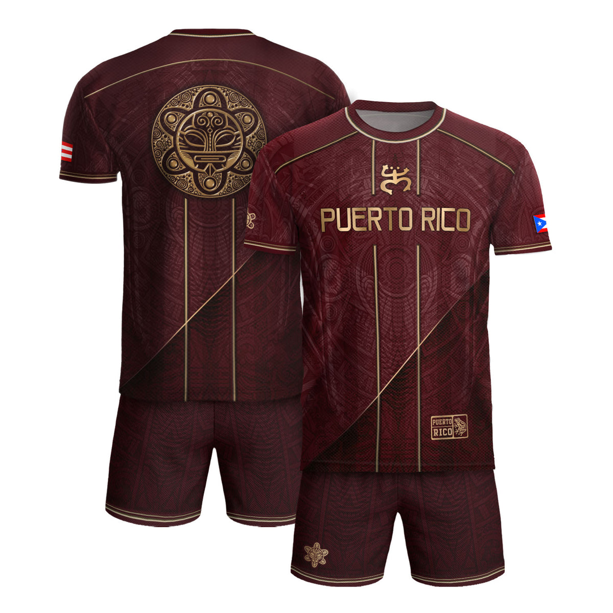 Puerto Rico Soccer Jersey Men Maroon Gold Taino Sun Frog Culture Heritage Shirt