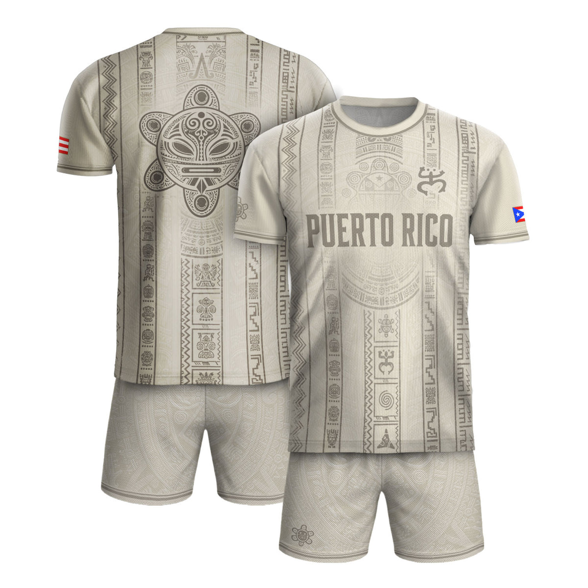 Puerto Rico Soccer Jersey Men Beige Taino Sun Coqui Frog Culture Heritage Graphic