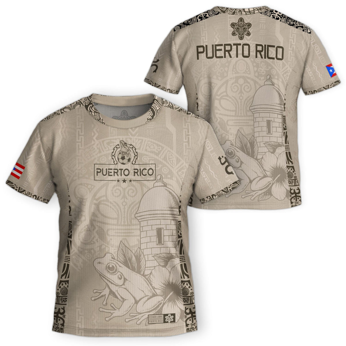 Kids Puerto Rico Soccer Jersey, Beige Gold Coqui Frog Floral for Boy and Girl, Youth Soccer Jersey Meets Puerto Rico Kids Soccer Jersey, Northryn Co.