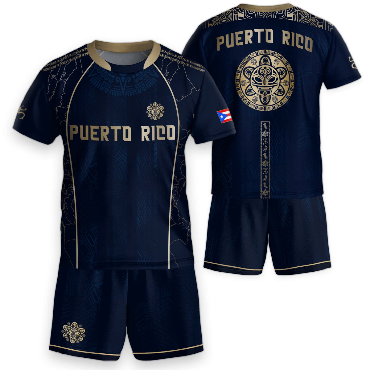 Kids Puerto Rico Soccer Jersey, Navy Gold Outline Map Taino Sun for Boy and Girl, Youth Soccer Jersey and Puerto Rico Kids Soccer Jersey, Northryn Co.
