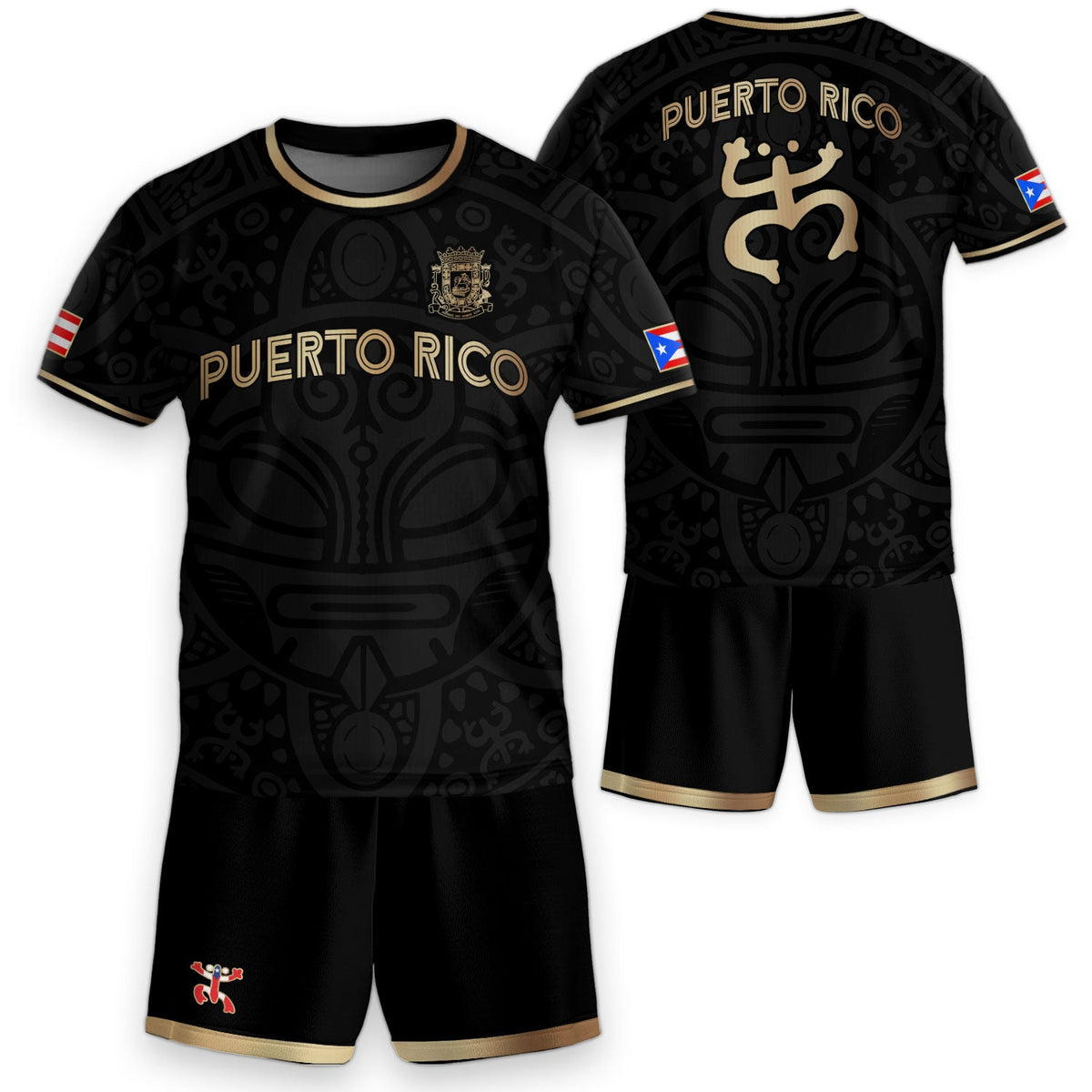 Kids Puerto Rico Soccer Jersey, Black Gold Boricua Taino Mask for Boy and Girl, Youth Soccer Jersey Meets Puerto Rico Kids Soccer Jersey, Northryn Co.
